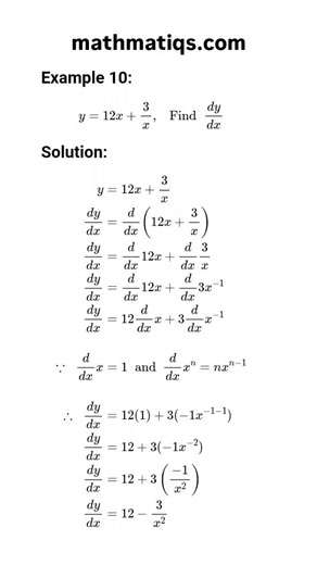 Basic Differentiation || Derivative of y=12x+3/x #shorts #maths #mathmatiqs