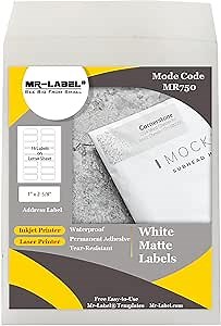 Mr-Label - 1" x 2-5/8" Matte White Address Labels - Permanent Adhesive Mailing Labels – Waterproof and Tear-Resistant Labels for Inkjet & Laser Printer & Handwritten (160 Labels | 10 Sheets)