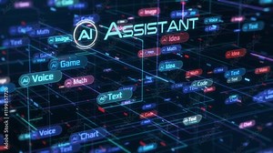 Futuristic user interface, Ai assistant software, Ai generative for images, videos, text and other contents, neural network (3d render)