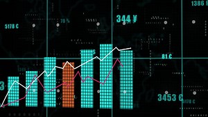 Financial data and currency exchange rates animation over bar and line charts | Premium Stock Video Footage