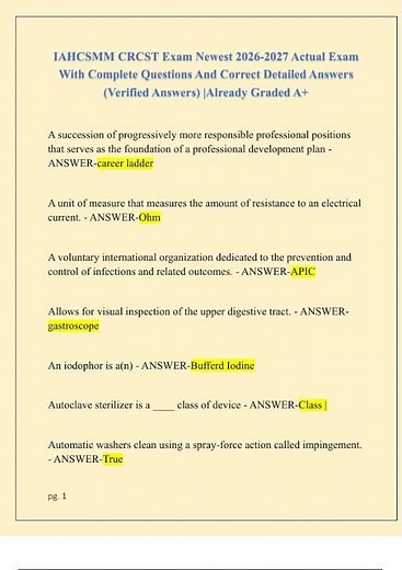 IAHCSMM CRCST Exam Newest 2026 2027 Actual Exam With Complete Questions And Correct Detailed Answers