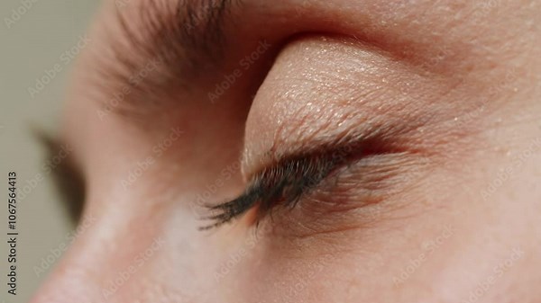 Green brown macro woman eye, Close-up womans blinking eye with long eyelash and contact lens. Beauty make up of green eye with day light.