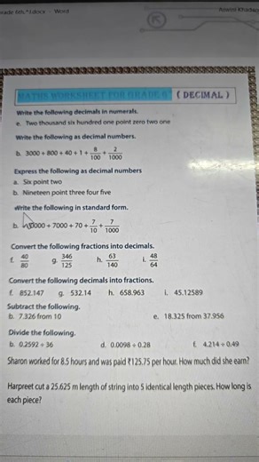 6th Grade Math Decimal worksheet 3