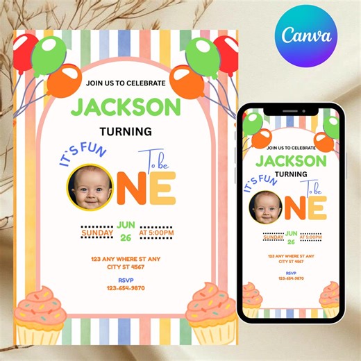 First Birthday Invitation Template, 1st Birthday Party Invite, Boy Balloon Cupcake Theme, Canva Template, DIY Text, Instant Download - Etsy