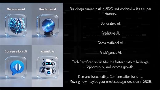 Building a career in AI in 2026 isn’t optional — it’s a super strategy. Generative AI. Predictive AI. Conversational AI. And Agentic AI. Tech Certifications in AI is the fastest path to leverage, opportunity, and income growth. Demand is exploding. Compensation is rising. Moving now may be your most strategic decision in 2026.
