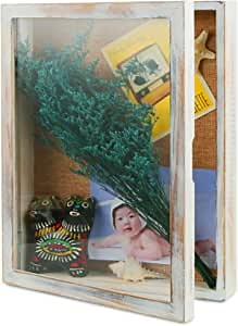 11x14 Shadow Box Frame, 2.5 Deep Large Shadow Box Picture Frame with Glass, Solid Wood Memory Box Display Case for Photo,Sports Memorabilia, Awards, Medals and Tickets-Rustic White