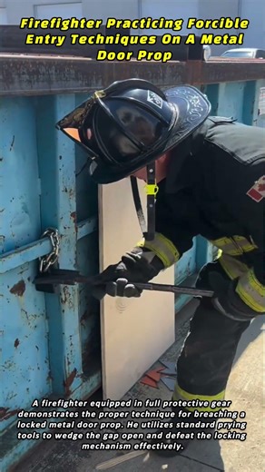 Firefighter Practicing Forcible Entry Techniques On A Metal Door Prop