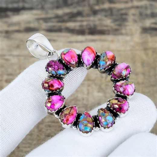 Kingman Pink Turquoise Gemstone Silver Pendant-925 Sterling Silver Jewelry-handmade Pendant-turquoise Flower Pendant for Birthday Gifts - Etsy