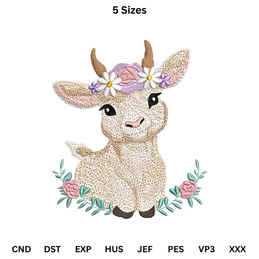 Floral Machine Embroidery Design, Baby Goat Embroidery Pattern, Digital Download, 5 Sizes - Etsy