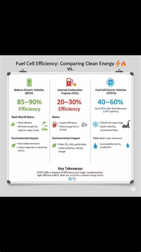 How fuel cell efficiency compares to batteries and combustion engines in real-world applications, based on the latest insights: 🔍 Fuel Cell Efficiency: How It’s Calculated Fuel cell efficiency is typically expressed as: Efficiency (%) = Electrical Energy Output / Chemical Energy Input × 100 - Electrical Output: Measured in kilowatt-hours (kWh) produced by the fuel cell. - Chemical Input: Based on the energy content of hydrogen, usually its Lower Heating Value (LHV). For hydrogen fuel cells: - P