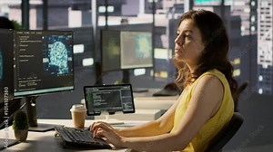 Admin developing artificial intelligence machine learning APIs solving complex problems. Woman training AI predictive models capable of handling resource intensive tasks, camera A Stock Video