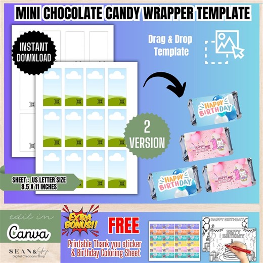 Mini Chocolate Wrapper Template, Mini Candy Bar Wrapper, Party Favors Template Designs, Chocolate Labels, Wrapper Template,bt1 - Etsy