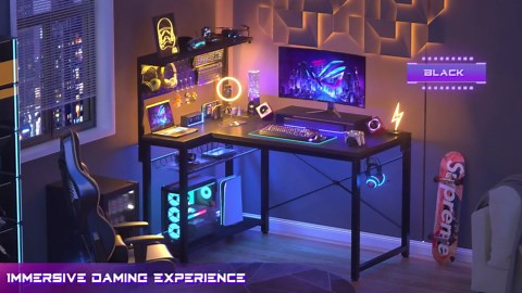 Homieasy Small Gaming Desk with Power Outlets Pegboard LED Light, 43 Inch L Shaped Computer Desk with Monitor Stand Storage Shelves, Reversible Corner Desk with Headset Hooks, Carbon Fiber Black