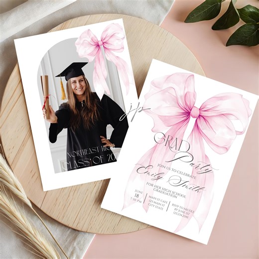 Pink Bow Photo Graduation Invite Template Girl Coquette High School Grad Party Invitation Editable Women College Grad Digital Canva Download - Etsy
