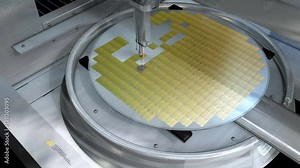 Computer generated, microchip die manufacturing process, factory assembling, silicon wafer. Stock Video