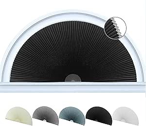 Jlong Arch Window Shade Blackout Half Circle Moon Pleated Fabric No Drill Blinds for Windows Semicircular Cellular Shades Half Round Window Covering Easy Install (1, Black, W*H: 48"x24"（Radius: 24"）)