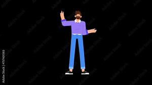 2D Animated Illustrated Man Character Talking and Explaining With Hand Gesture. Alpha Channel.
