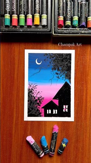 Oil Pastel Night Drawing 🌙 | Relaxing & Easy Art Tutorial #Shorts #youtubeshorts #painting