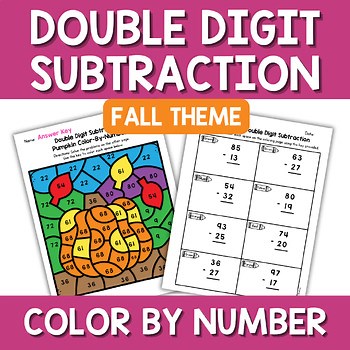 Fall Double Digit Subtraction Color by Number Worksheet Math Center 2nd Grade