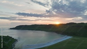 Sunset over Calgary Beach and Bay from a drone, Isle of Mull, Scottish Inner Hebrides, Scotland, UK
