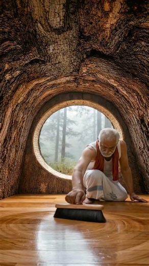 Old Craftsman builds a beautiful house inside a giant tree trunk!! #india #cow #craft #shorts