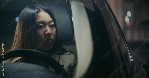 Leaving Company Parking Lot, Young Woman Stops Security Checkpoint. Guard Approaches Car, Scans Access Pass Using Tablet. Female Tired and Slightly Irritated. Corporate Routine, Workplace Control.