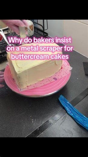 Metal scraper wins every single time! Perfectly smooth sharp finish! Top tip: heat up your scraper for the final pass #fyp #buttercreamcake #cakevideo #caketok #cakedecorator