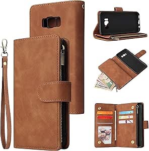 QLTYPRI Wallet Case for Samsung Galaxy S8 Plus,Premium Vintage PU Leather Zipper Pocket with Card Holder Slots Magnetic Closure Kickstand Wrist Strap Shockproof Flip Folio Case - Brown