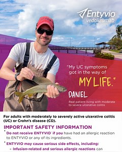 Click "Learn More" for Medication Guide and Important Safety Information.​​ See how #ENTYVIO has supported patients like Daniel in managing moderate to severe #UlcerativeColitis (UC). | ENTYVIO (vedolizumab)