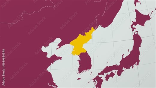 Dem. Rep. Korea map. Animated zoom into the country on the Globe in Pale Mint Dark Pink color palette. Country logo animation with round text and airplanes. Map with meridians, parallels.