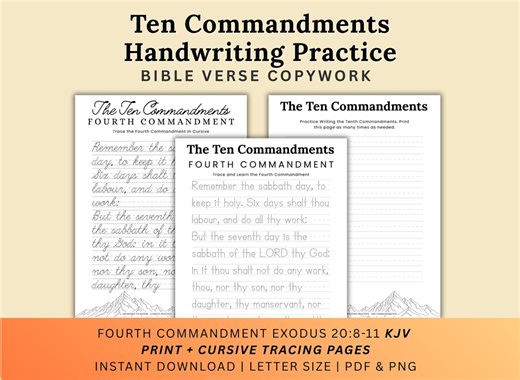 The Ten Commandments KJV Handwriting Practice Print   Cursive Worksheets - Fourth Commandment – Exodus 20:8-11 (PDF) - Etsy