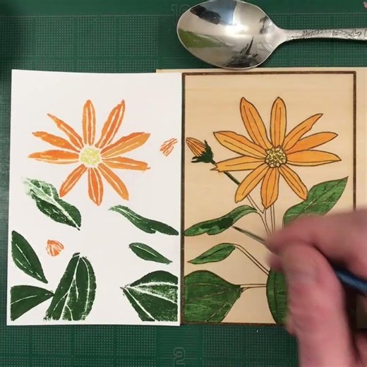 Orange Asters Botanical Wood Print | Time Lapse #printmaking