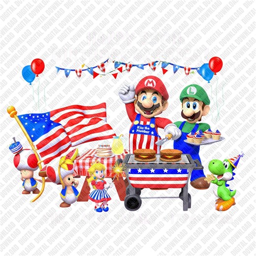 Happy 250th Birthday America PNG Mario Family 1776-2026 Patriotic USA Flag Picnic Sublimation DTF Transfer Digital Download Art
