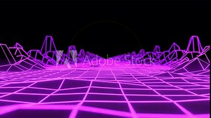 80s Retro Style CGI Animation. Purple Grid Neon Landscape and Depth of Field Effect. Seamless Loop.