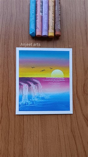 Easy Sunset Waterfall Scenery Drawing | Oil Pastel For Beginners #shorts