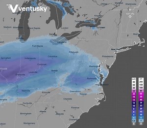 A major snowstorm in the USA is just beginning. ⚠️ In a belt stretching from Evansville through Pittsburgh to Boston, 30 to 60 cm (12 to 24 inches) of snow will fall in the next 30 hours alone (see the video showing the development of the snow cover):❄️☃️ https://www.ventusky.com/snow-cover-map/total#p=39.7;-84.3;5&t=20260125/2200 Millions of people will experience significant snowfall, and transportation will remain paralyzed. | Ventusky