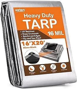 Keten Tarps Heavy Duty Waterproof 16X20 Feet, Extra Thick 16 Mil, Tear & Fade Resistant, UV Blocking, Outdoor Tarp with Reinforced Grommets for Roof, Camping, Patio, Pool, Boat(Silver/Black)