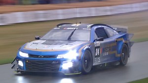 Jenson Button really struggled to get the power down in the NASCAR Garage 56 car up the wet #FOS Hill. Still sounded epic though! | Goodwood Festival of Speed