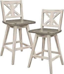 Lexicon Counter Height Stools Set of 2-Solid Wood Frame 360° Swivel Wooden Stools, Foot Rest, X Back, Wide Seat, Distressed Farmhouse Easy to Clean Finish, 24" SH, Antique White/Grey