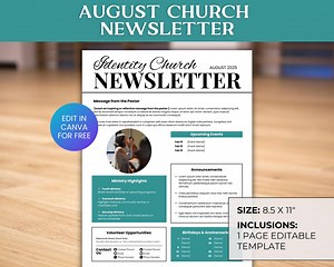 August Church Newsletter Template, August Newsletter Canva Editable, Monthly Church Newsletters, Editable Church Bulletin, Church Flyer - Etsy Canada