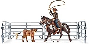 Schleich Farm World, Rodeo Toys for Kids, Team Roping with Cowboy, Cow, and Horse Toy, 11-Piece Set, Ages 3+