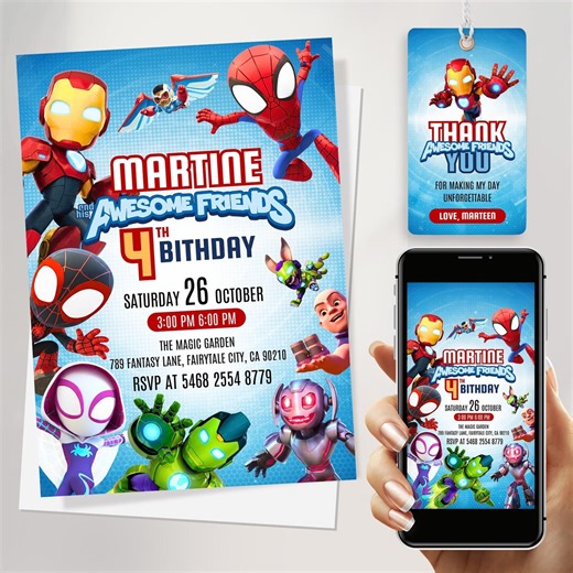 Iron Man and Spidey Birthday Invitation Template, Iron Man and His Awesome Friends Digital Invitation | Birthday Card Instant Download - Etsy