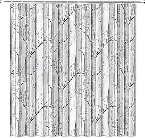 Abstract Tree Shower Curtain Birch Tree Branch Fall Forest Trunk Leafless Plant Rustic Nature Autumn Vintage Retro Gray Bathroom Home Curtain Decor with Hooks,70" Wx70 H