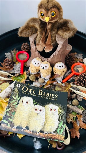 Natasha on Instagram: "Owl Babies 🦉 (Ad) Set up an Owl Babies story tray with me! Bringing this much-loved story to life with natural items, loose parts, and the sweetest puppets (kindly gifted from @ypoinfo 💜). Learning benefits: • Builds early literacy and storytelling skills • Encourages imaginative and role play • Supports emotional development (separation and reassurance themes) • Developing fine motor skills • Communication, language and vocabulary growth #tufftray #tufftrayideas #tufftr