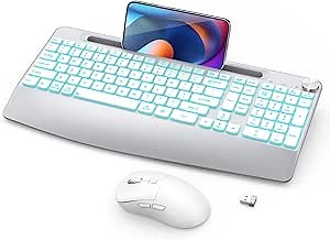 GAMCATZ Wireless Keyboard and Mouse Backlits - Full-Sized Ergonomic Lighted Keyboard with Wrist Rest, Phone Holder,2.4GHz Rechargeable Silent Keyboard Mouse Combo for Computer, Laptop, PC, Mac -White