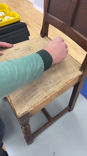 Sprung Dining Chair Part 4. Sewing bridal ties. We use the ties to stuff the coir into, and they hold the coir in place. The ties are tighter in the middle and larger around the outside as we are aiming to create a square design. We change the size of the ties depending on the shape we aim to create. #theupholsteryhub #theupholsteryhub #lookwhatyoucoulddo #learntoupholster #sprungdiningchair #traditionalupholstery #youcandoit #youcandothis #socialupholstery #lookwhatyoucoulddo #mindfulness #besp