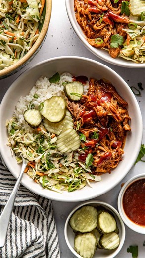 The Real Food Dietitians on Instagram: "#ad ⭐️Comment “RECIPE” and we’ll DM you our NEW Crockpot Pulled Pork Bowls recipe right away! Think of this recipe as a picnic in a bowl! It’s SO flavorful and the perfect dish for a casual gathering, weeknight meal, DIY dinner assembly line, and anytime you’re craving BBQ flavors. Cooking the pork roast in a crockpot is the perfect method to get tender and juicy pulled pork every time. Thanks to our friends @minnesotapork for sponsoring this recipe! ⭐️ FO