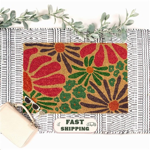 Vintage Floral Doormat, Retro Spring Outdoor Mat, Natural Coir Welcome Home - Etsy