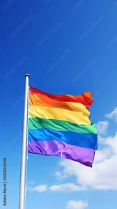A rainbow flag is flying in the sky. The flag is colorful and vibrant, and it is against a clear blue sky. The flag represents the LGBTQ community and their pride in their identity