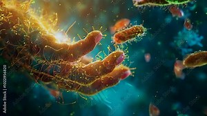 video of Cartoon microbe on a human hand’s surface, illustrating hygiene, with a background of bacteria and viruses
